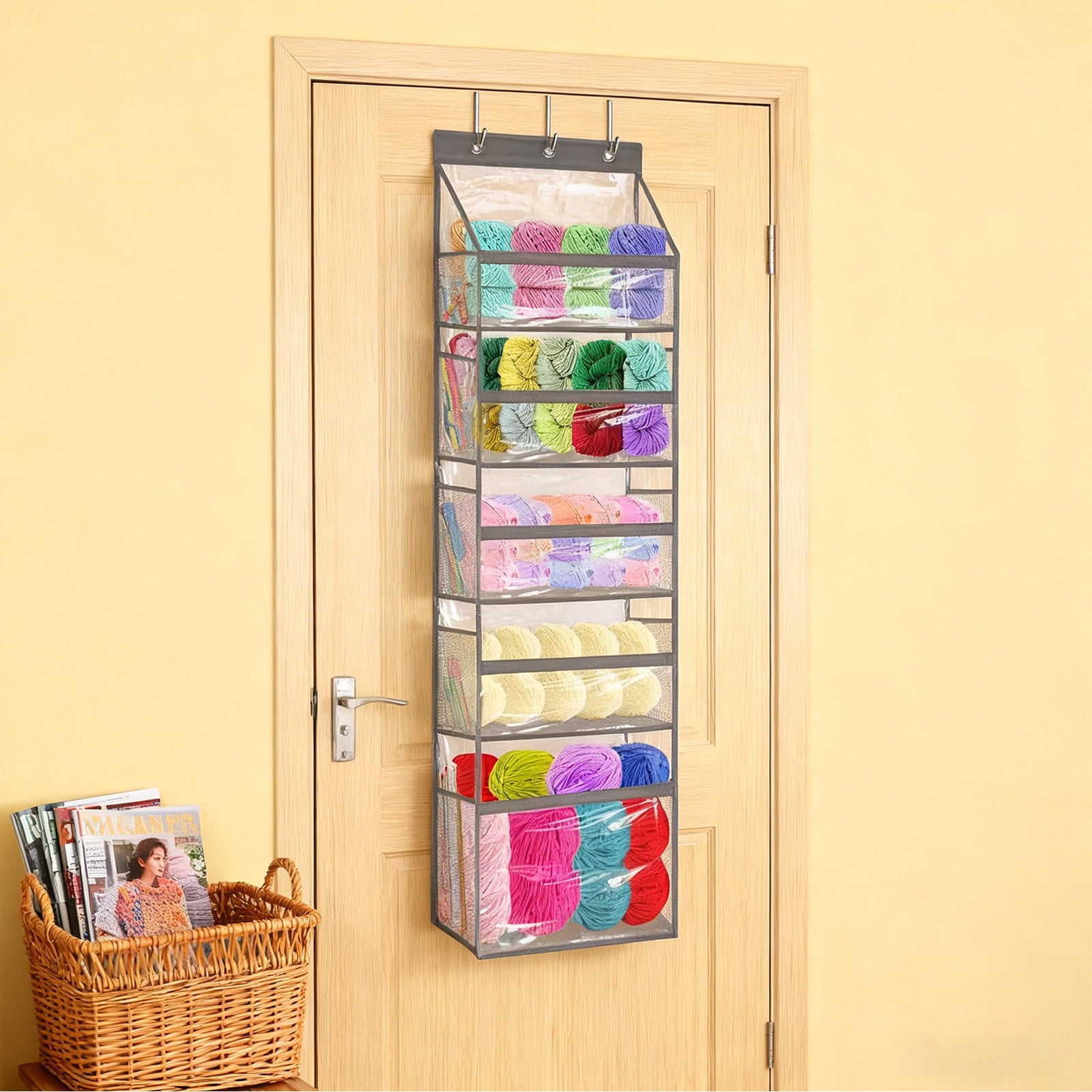 6 Compartment Door-mounted Yarn Storage Rack with Zippered Pockets and Large Capacity for Knitting Supplies and Craft Accessories