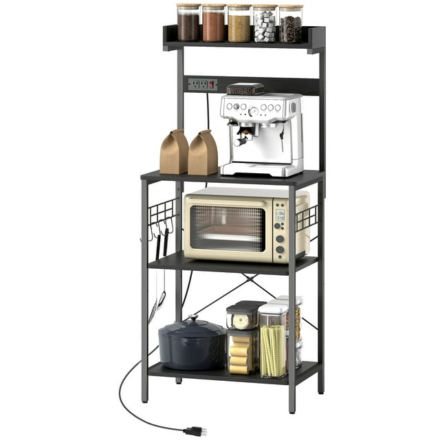 CoSoTower Kitchen Baker's Rack with Power Outlet, Coffee Bar Station with Adjustable Shelves and Hooks, Distressed Black