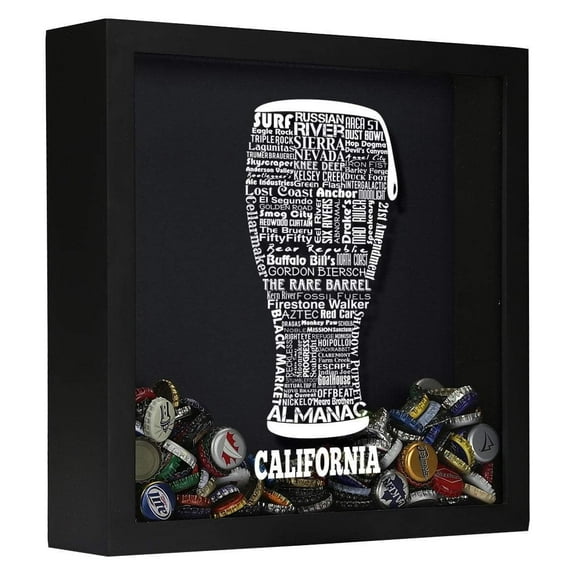 Torched California Beer Cap Shadow Box Wall Mount Decor 13"x13"x3" Black