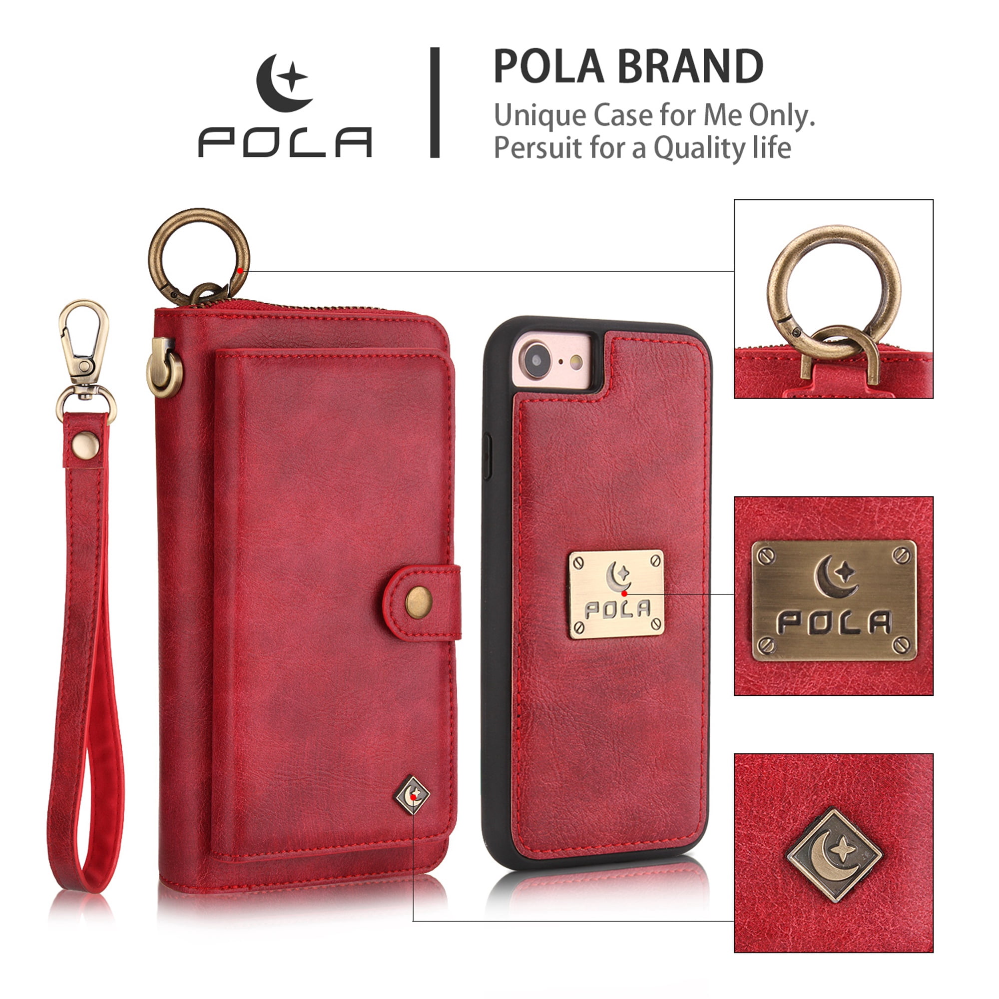 iPhone 8 Wallet Detachable Case, iPhone 7 Case, Dteck [wrist band & metal buckle & 14 Card Slots] Zipper Purse Phone Case Multi-function Folio Flip Weave PU Leather Removable Magnetic Back Cover, Red