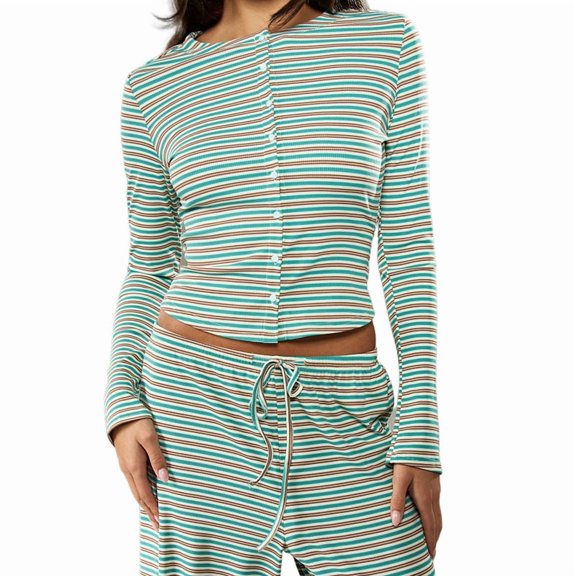 Women'S Striped 2 Piece Pants Outfits Long Sleeve Button Down Knit Top Set Leisure Vacation Green S