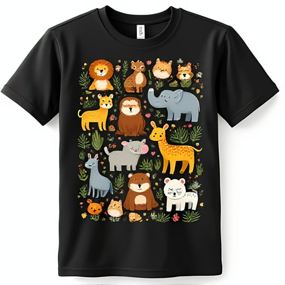 Colorful Cartoon Animal Graphic Black T-Shirt for Fun & Stylish Tee