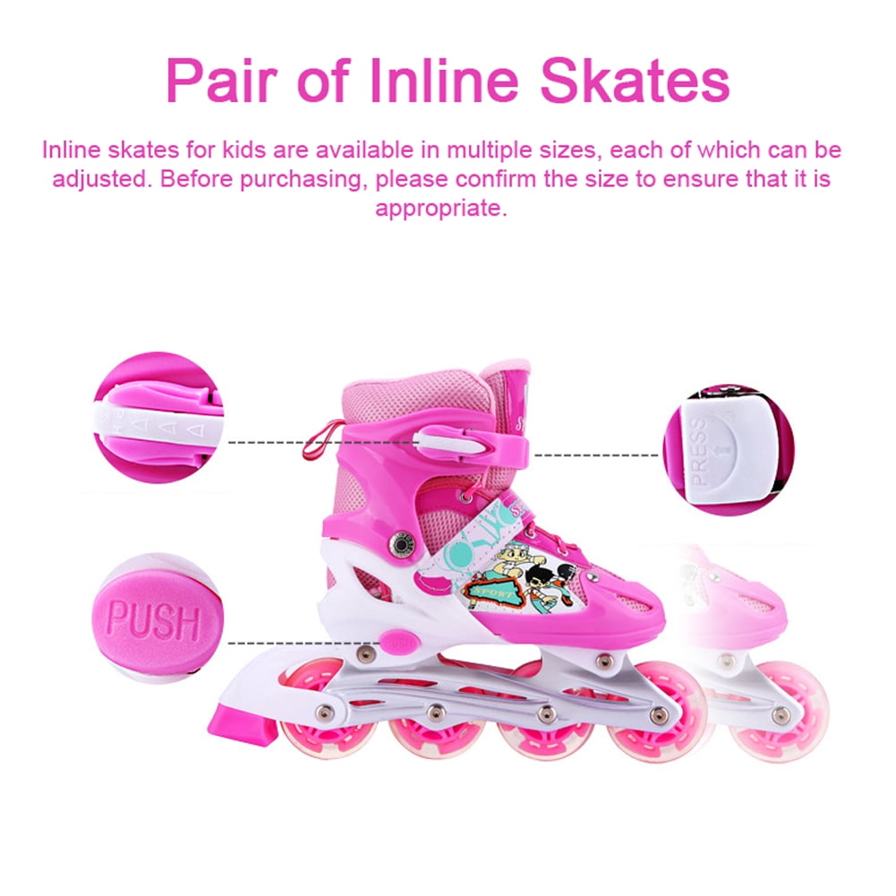 LAZIOEGR Adjustable Illuminating Inline Skates for Kids Boys Girls Set with Helmet Pads, Pink Medium