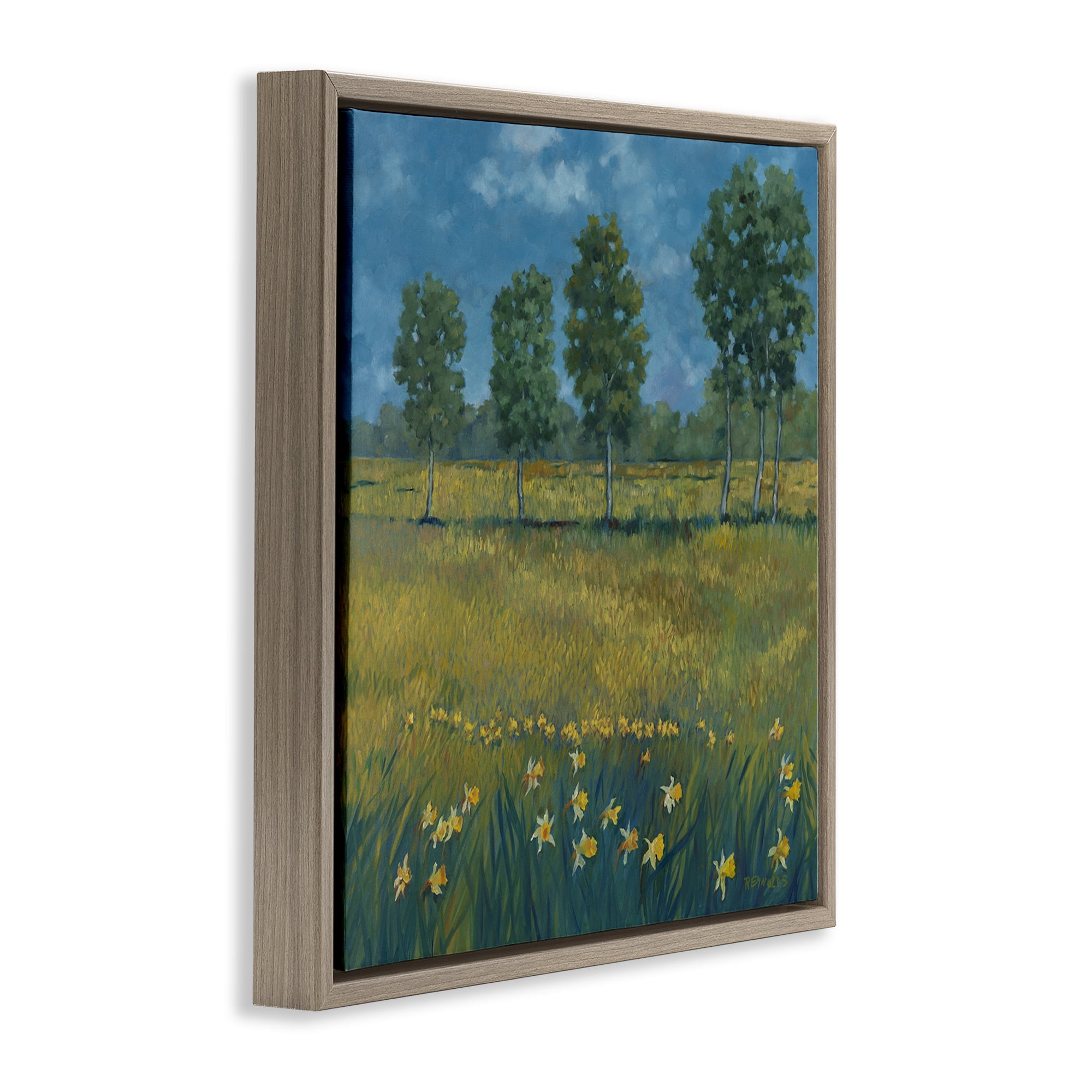 Stupell Industries Meadow with Daffodils Landscape & Nature Painting Brown Floater Framed Canvas Art Print Wall Art, 18 x 18
