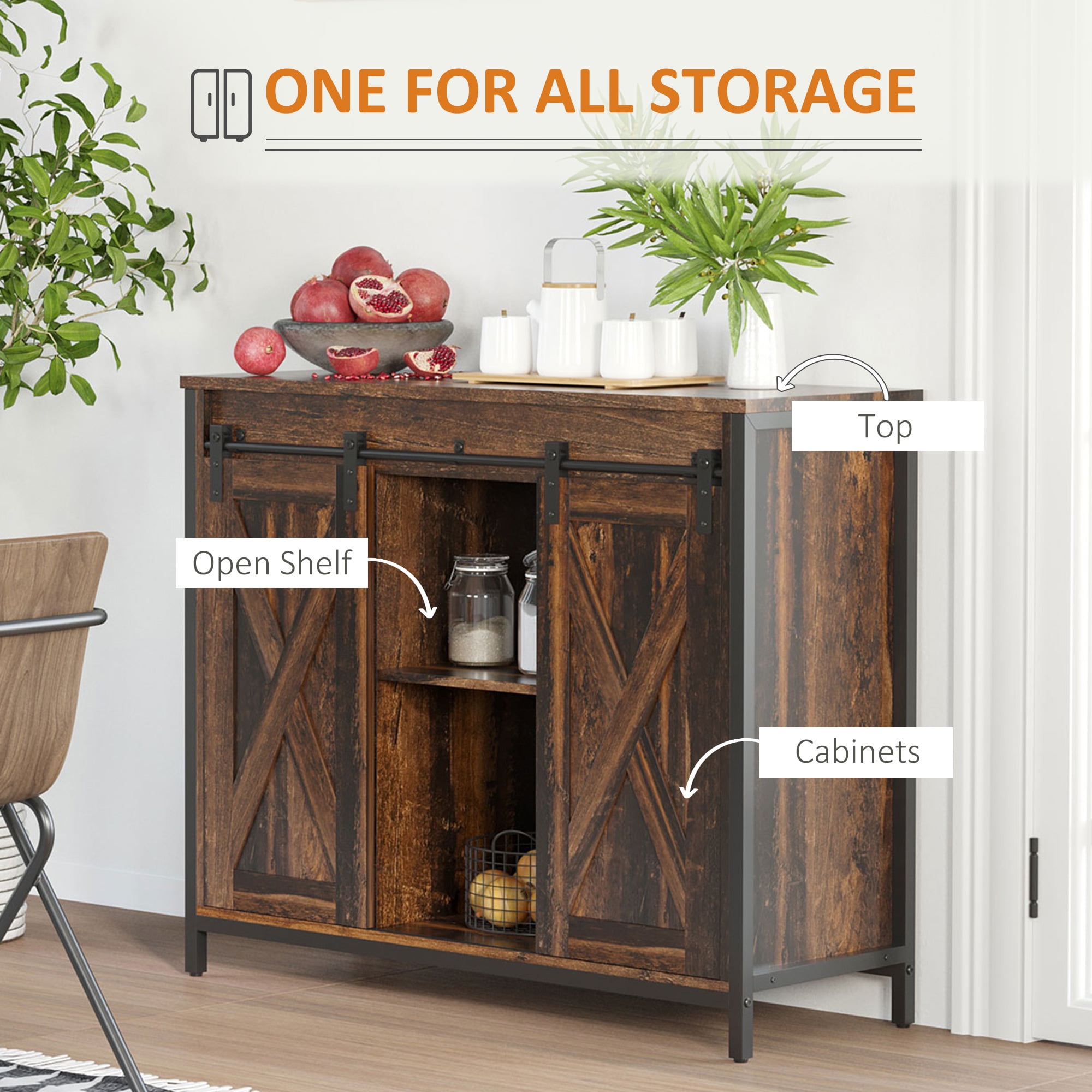 HOQBN Industrial Sideboard Buffet Cabinet, Kitchen Cabinet with Sliding Barn Doors, Coffee Bar Cabinet with Adjustable Shelves for Living Room, Home Bar, Rustic Brown
