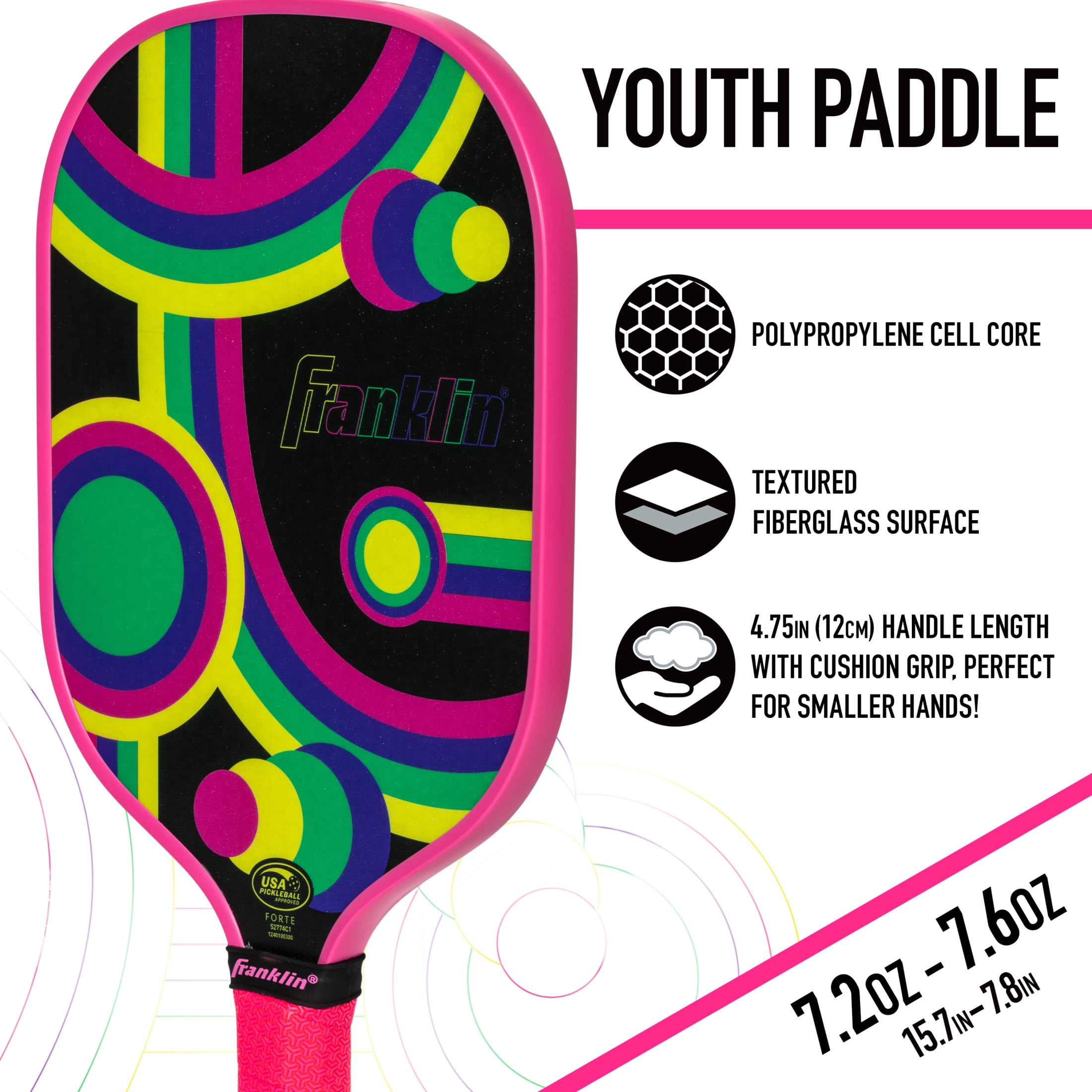 Franklin Sports Kids Pickleball Paddle - Forte Youth Pickleball Paddle for Kids - Junior Pickleball Paddle Series - USA Pickleball (USAPA) Approved - 10mm Polypropylene Core Pickleball Paddles - Pink