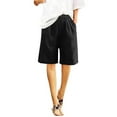 thumbnail image 6 of Bloomae Womens Wide Leg Cotton Linen Shorts Comfy Bermuda Shorts Summer Casual Button Elastic Waist Short Pants Loose Knee Length Shorts with Pockets Black L, 6 of 6