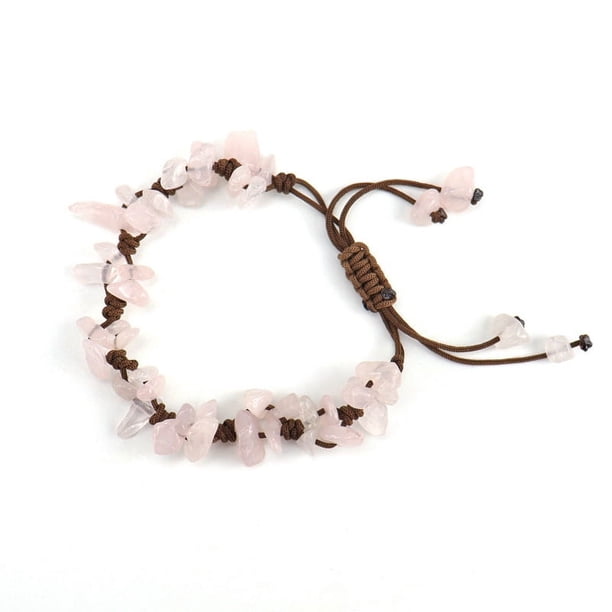 Nvzi Pulsera de cuentas hecha a mano, pulsera tejida a mano pura de cristal de piedra triturada natural con cuerda ajustable (rosa)