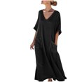 thumbnail image 2 of Ndbuld Robe d'Été Bohème pour Filles Robe de Soleil Mode Décontractée pour Femmes Col en V Couleur Unie Manches 3/4 avec Poches Robe Longue Liquidation à Moins de 5$, 2 of 6