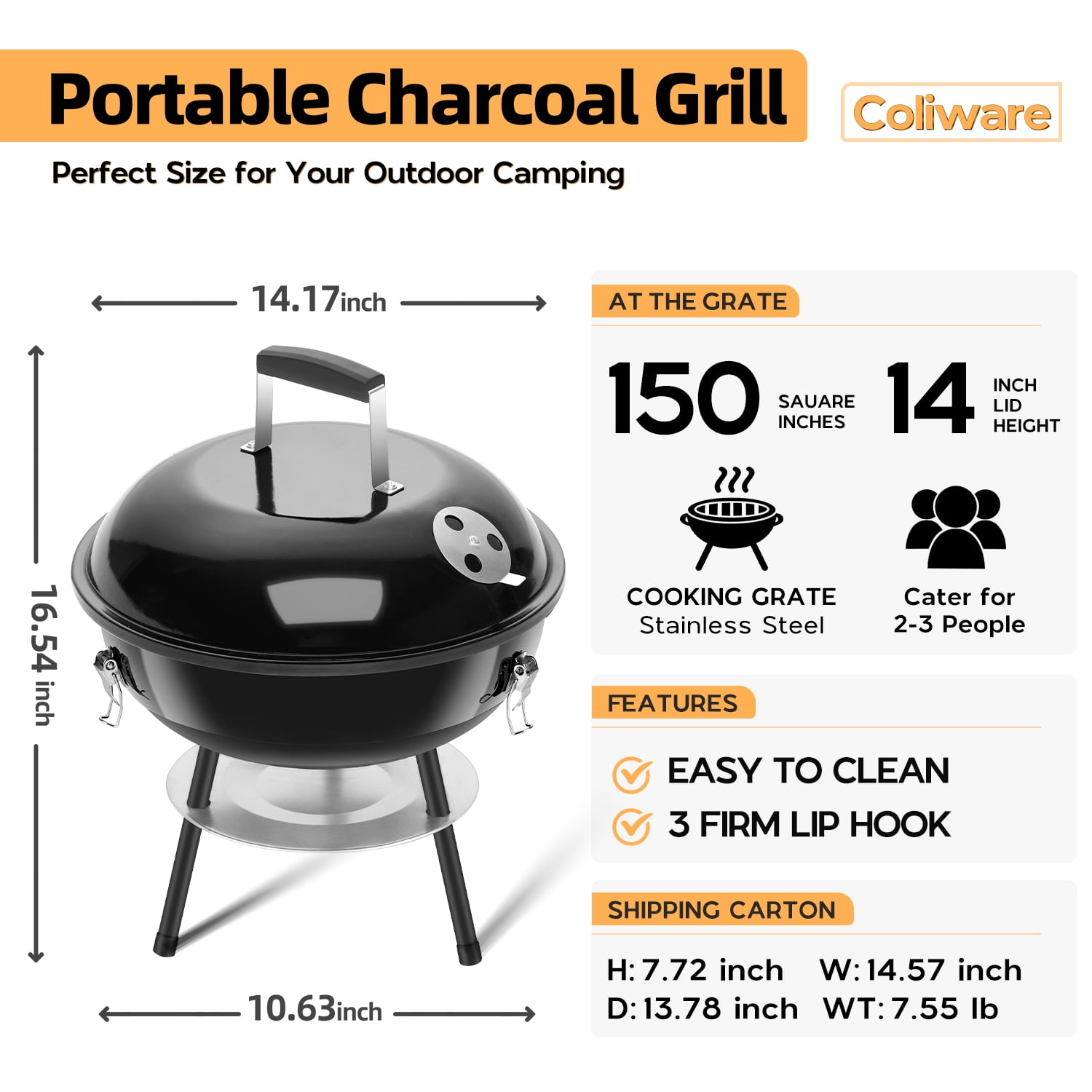 Coliware 14 inch Portable Charcoal Grill, Lightweight Enamel Coated Coal Kettle Smoker with 3-Point Locking Lid 2 Grilling Racks Dual Venting System, Tabletop Barbecue Oven for Outdoo