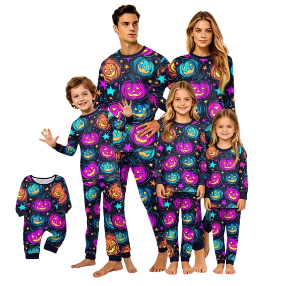Matching Family Halloween Pajamas Set - 2026 Cute Ghost & Pumpkin Print Two-Piece Sleepwear Pjs - Family Matching Pajamas Soft Holiday Jumpsuit Loungewear for Family