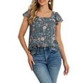 thumbnail image 1 of INSPIRAR CHIC Blusa Floral para Mujeres del Día de San Valentín, Casual de Verano, Cuello Cuadrado, Camisetas de Gasa con Mangas Cortas y Volantes M Gris Azul, 1 of 6