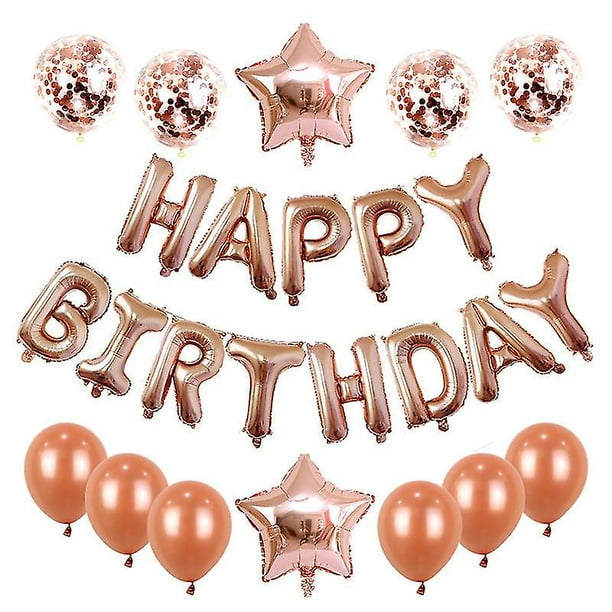 25 piezas de globos de decoración para fiestas de cumpleaños (oro rosa), pancartas con globos de feliz cumpleaños en oro rosa, cortinas con borlas, mantel de aluminio, forma de corazón