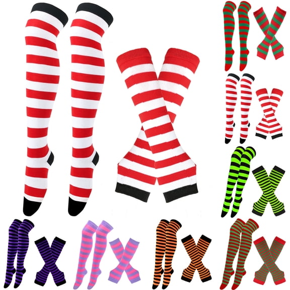 Lovzfmll Women's Striped Fingerless Gloves, Long Knit Arm Warmers with Socks, Elbow Length Coverage for Winter Warmth and Comfort, White
