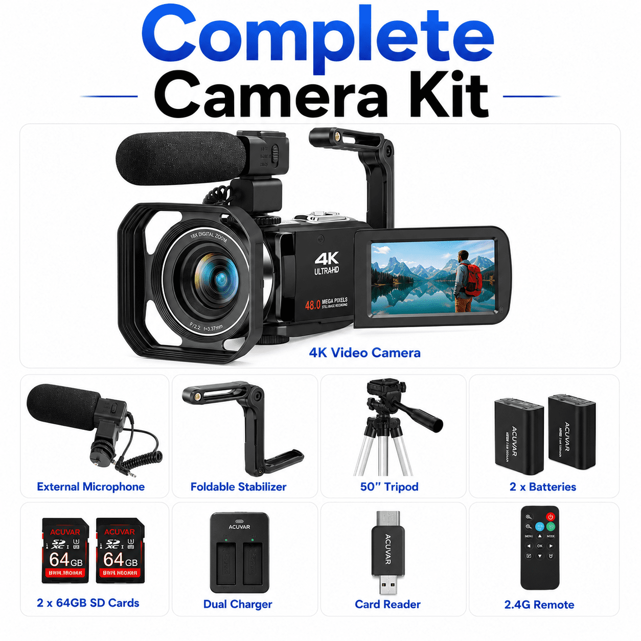 Acuvar 4K Video Camera Camcorder 48MP Auto Focus Vlogging Camera for YouTube 60FPS 18X Zoom Digital Camera WiFi, Mic, Stabilizer, 2 64GB SD Cards, 50" Tripod, Case, Dual Charger, Card Reader, Remote