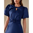 thumbnail image 2 of Navy Blue Satin Mini Dress With Puff Sleeves, Bow Neck, V-Neck Cutout And Ruched Waist, 2 of 7