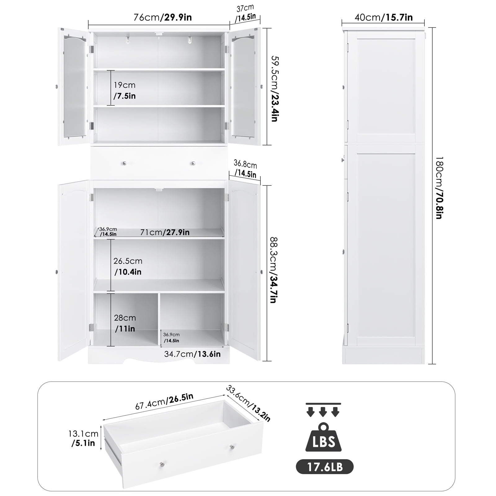 Homfa 70.8'' Kitchen Pantry with 4 Doors, Freestanding Storage Cabinet with Large Drawer for Dining Room, White