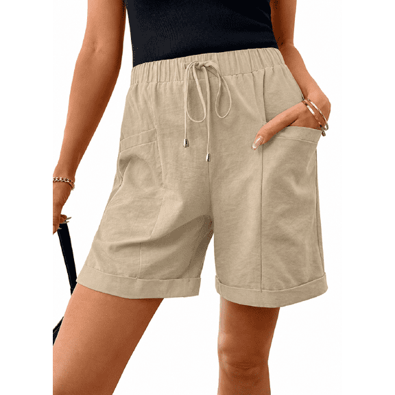 DOKOTOO Shorts for Woman Drawstring Rolled Up Shorts Summer Elastic Waist Casual Lightweight Shorts Apricot L US12-14