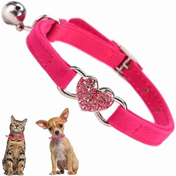 Dog Collar with Bell, Bling Rhinestone Heart Soft Velvet Kitten Collars with Bells for Xs Tiny Dogs Girls Pet Cats