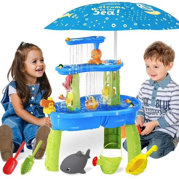 Water and Sand Table with Water Pumb & Umbrella - Summer Toys 3-Tier Kids Water Play Table, Outdoor Toys for Boys Girls