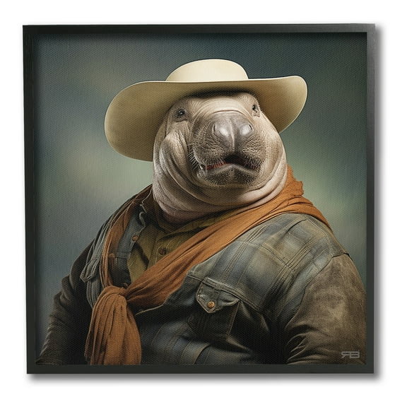 Stupell Industries Cowboy Manatee Portrait Animals & Insects Painting Black Framed Art Print Wall Art, 12 x 12