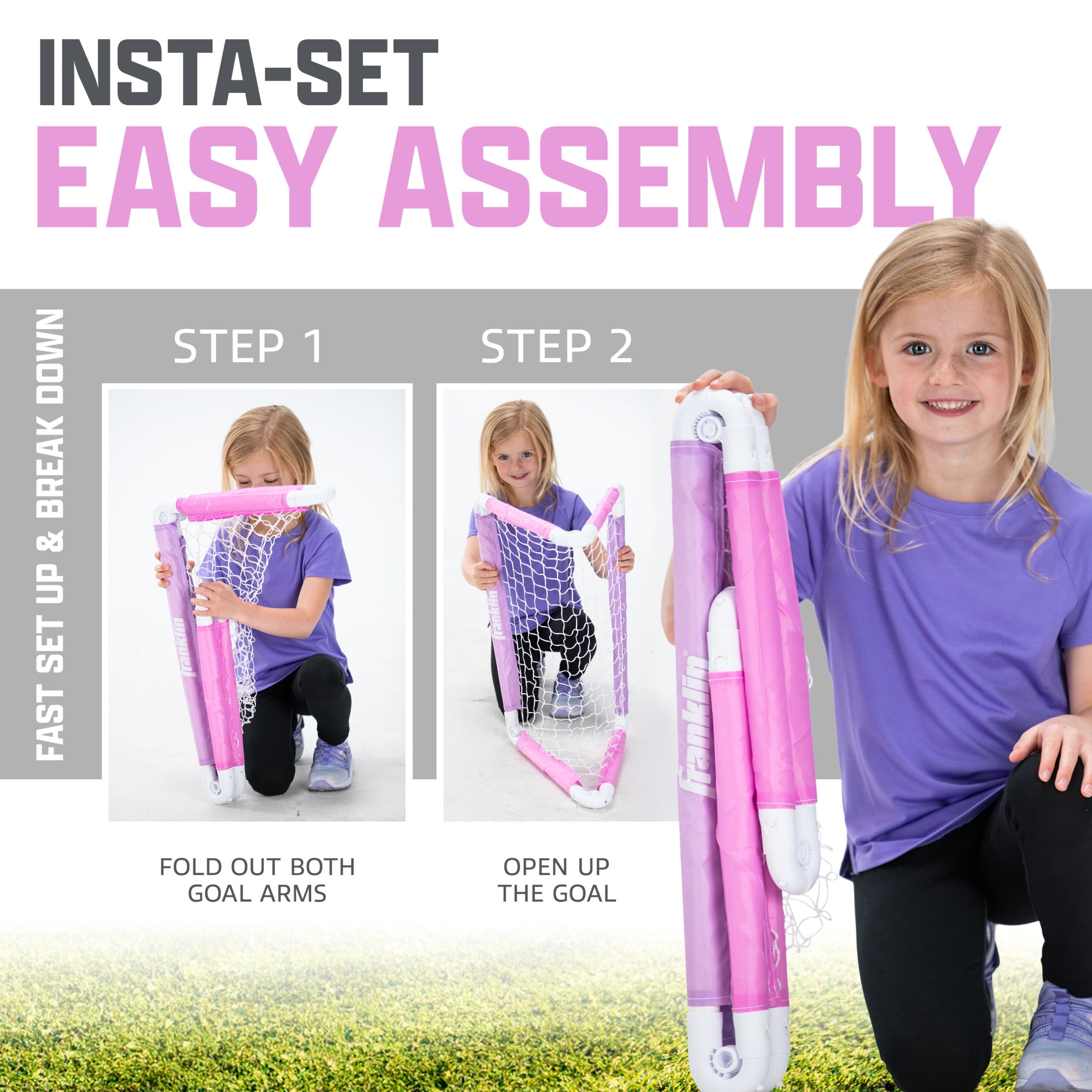 Franklin Sports Kids Mini Soccer Goal with Ball and Pump – 24inch x 16inch Folding Goal – Great For Backyard or Indoor Play – Pink/Purple