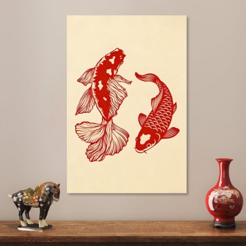 Hidden Frame Canvas Wall Art - Chinese Red Koi Paper-Cut Decor Lucky Oriental Popular Wall Decor for Living Room 16x24in