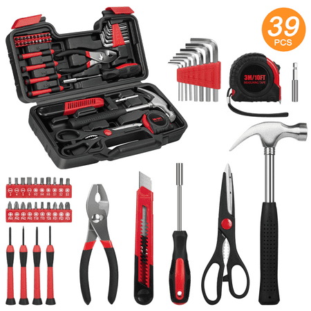 39 Piece Tool Sets All Purpose Household Tool Kit, General Basic Home Tool Set with Toolbox Great for Girls, Ladies and Women, Household Hand Kit for Home Garage Office College Dormitory Use, Red