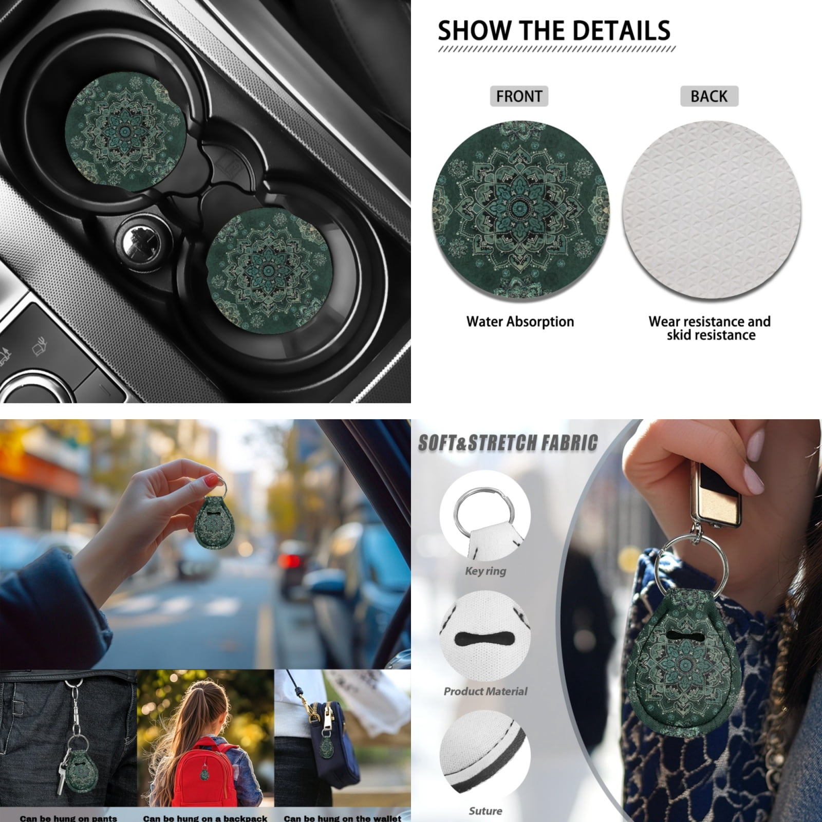 Yuyamidu 13 Pcs Car Seat Covers Set with Green Boho Mandala Flower Steering Wheel Cover Safe Belt Pads Car Center Console Cover Lip Balm Sleeve Keychain Coasters Auto Accessories