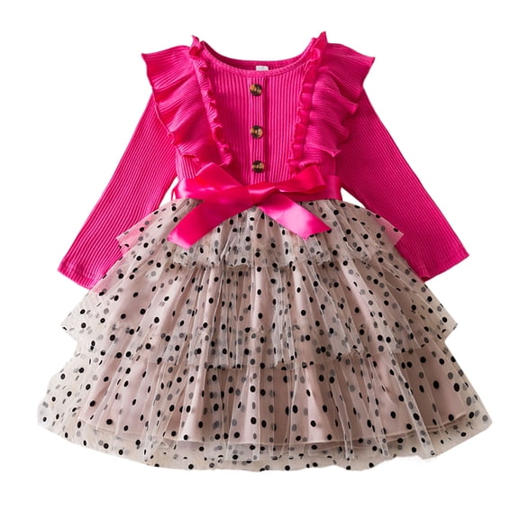 Vividxx Toddler Girl Dress Ruffle Long Sleeve Layered Tulle Dress Polka Dot Bowknot Fall Fashion Party Dresses 1-2 Years