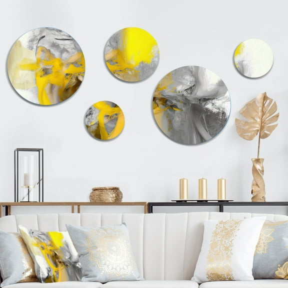 Designart "Mustard Yellow And Vivid Gray I" Abstract Painting Metal Wall Art Set of 5 Piece