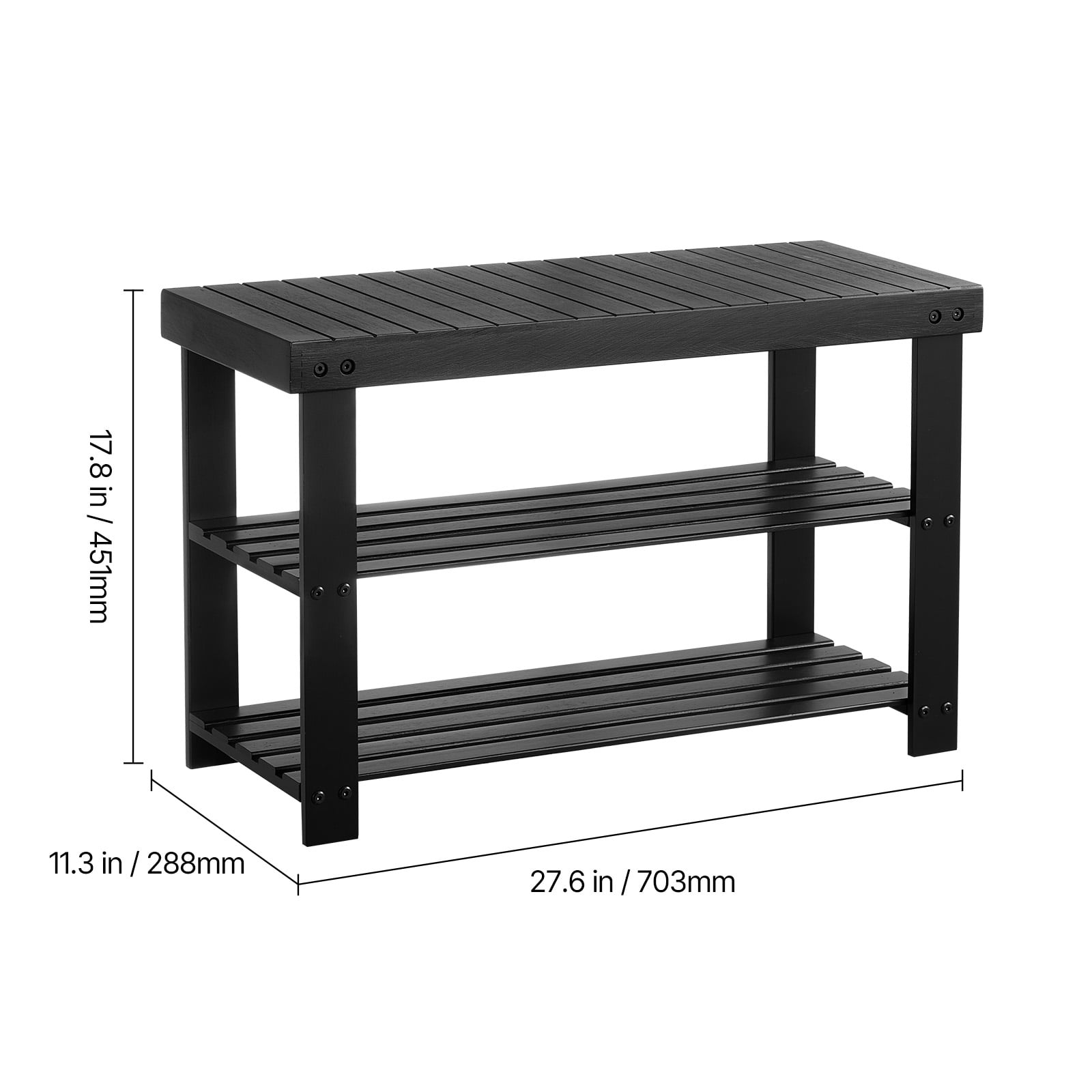 KFFKFF 3-Tier Wooden Shoe Rack Bench, Sturdy Shoe Organizer with 286 lbs Capacity, 27.6 x 11.3 x 17.8 Inches, Ideal for Hallways, Bedrooms, and Living Spaces, Black