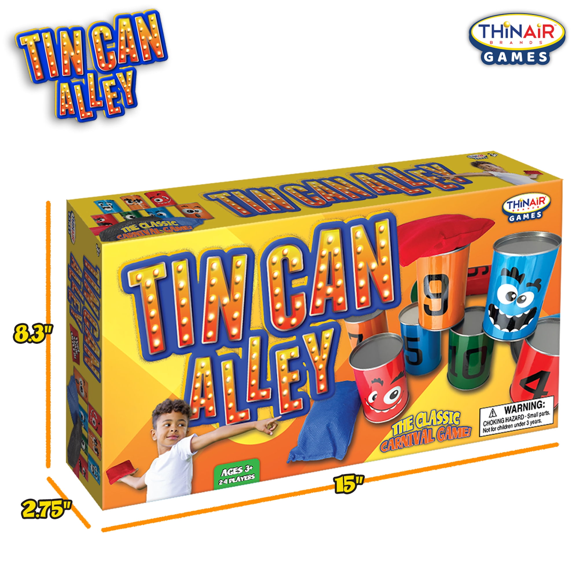 Thin Air Games: Tin Can Alley - Classic Carnival-Themed Bean Bag Toss Game, 10 Silly-Faced Cans & 3 Bags, In-Outdoor Fun, Family & Kids, 2-4 Players