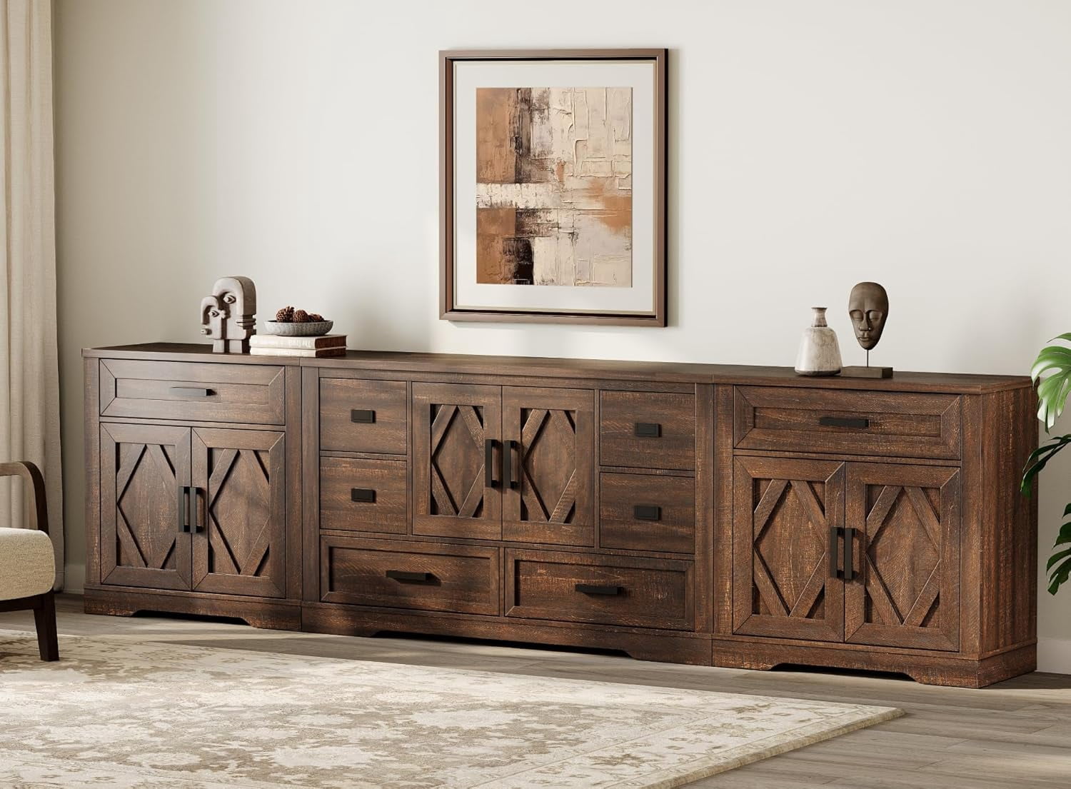 WAMPAT 117"W Large TV Stand,3-in-1 Farmhouse Entertainment Center with Storage Barn Door Cabinet,TV Console Table With Media Cabinet and Drawers for Living Room,Bedroom,Rustic Brown