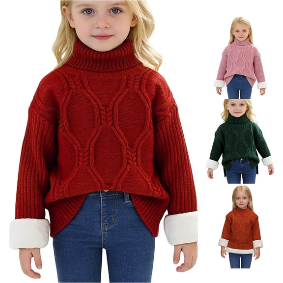 Afdoent Girls Sweaters Winter Thick Lined Sweater Warm High Neck Knitted Pullover Kids Fall Winter Clothes 12-13 Years