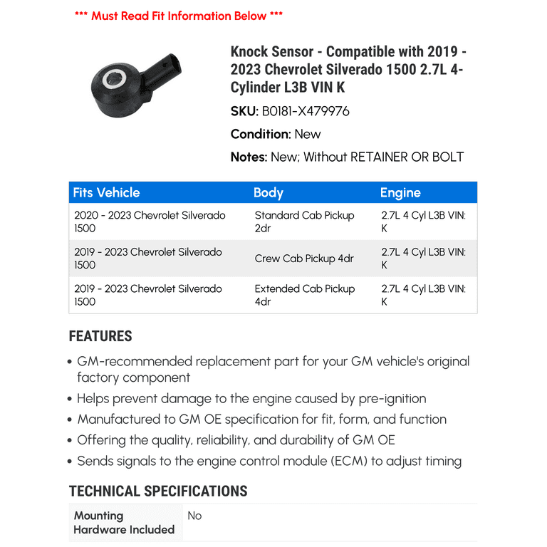Knock Sensor - Compatible with 2019 - 2023 Chevy Silverado