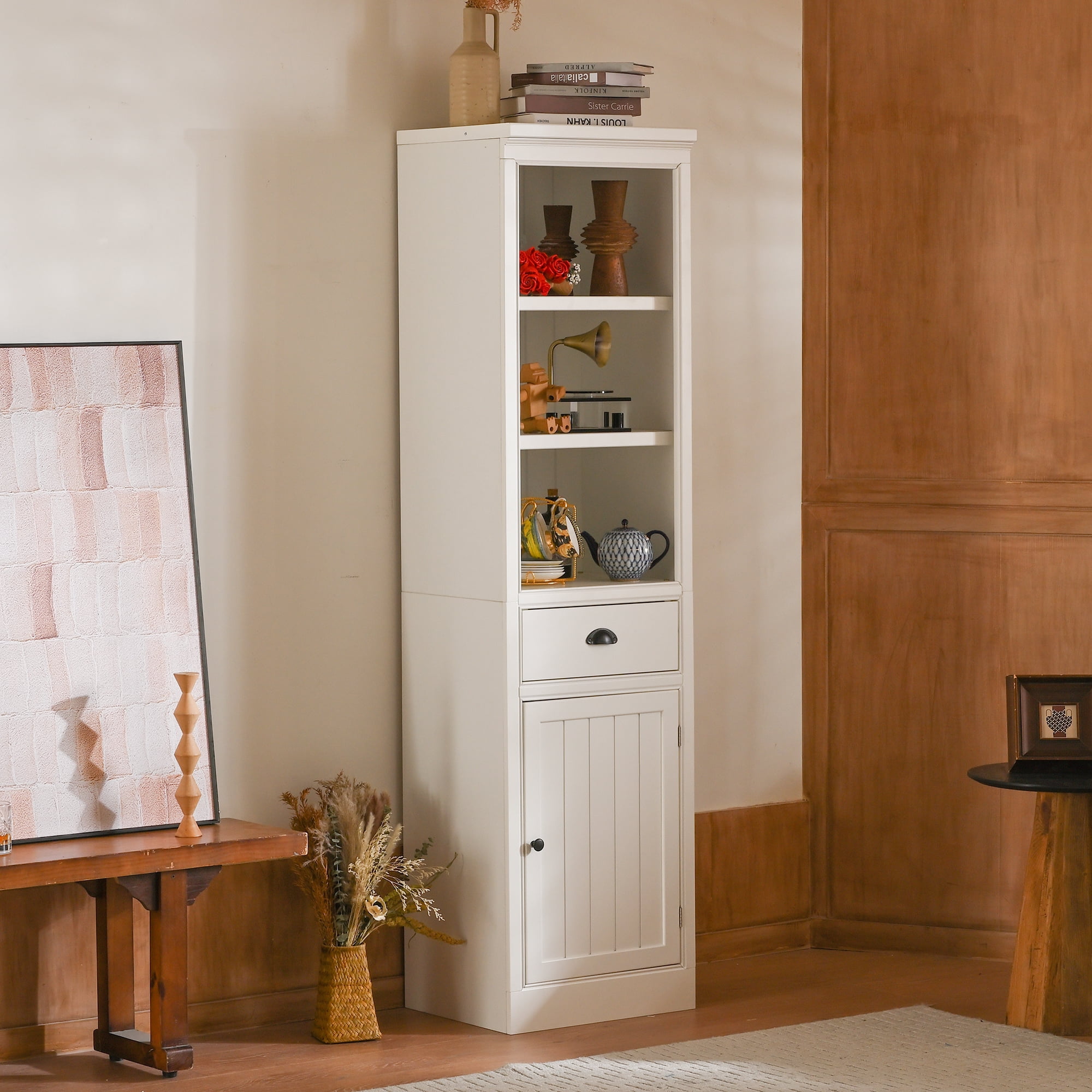 Bookcase with Cabinet, Storage Bookcase&nbsp;Vintage Bookshelf with 1 Drawer, 2 Fixed Shelves, for Living Room, White MDF, 75 Inch H, Narrow