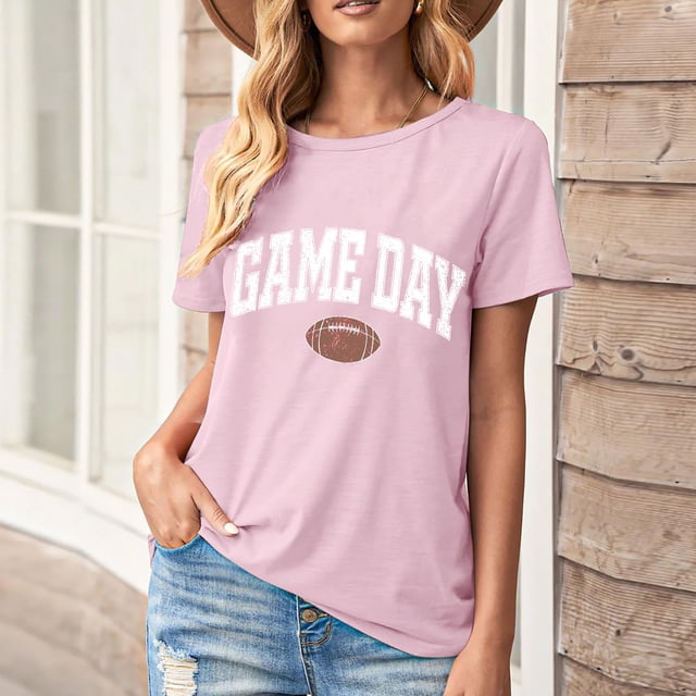 Karight Football Shirts for Women Game Day T Shirts Football Outfits Funny Graphic Tee Casual Short Sleeve Tee Shirts