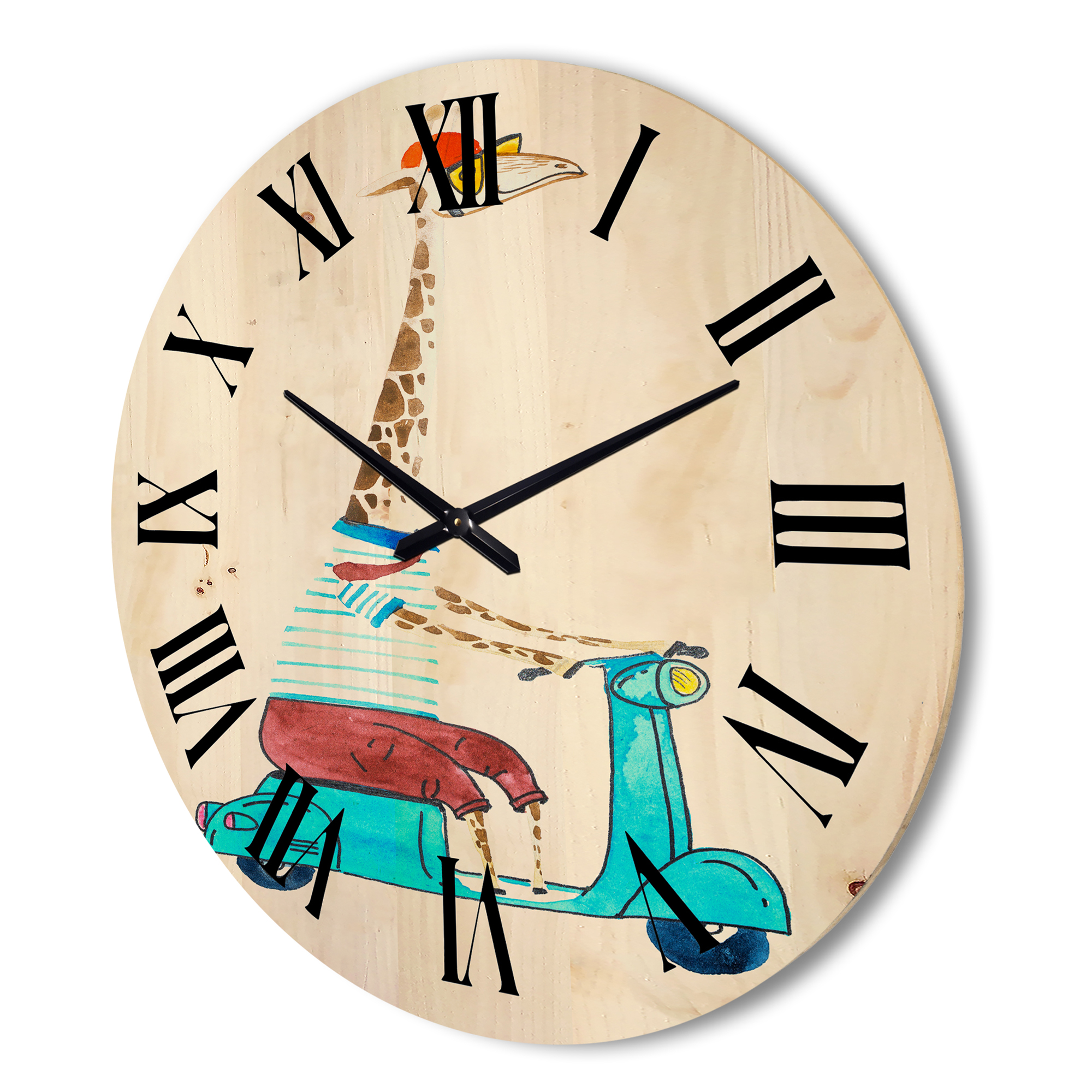 Designart 'Giraffe Dressed Up Wearing Helmet & Riding Blue Scooter' Children's Art Wood Wall Clock