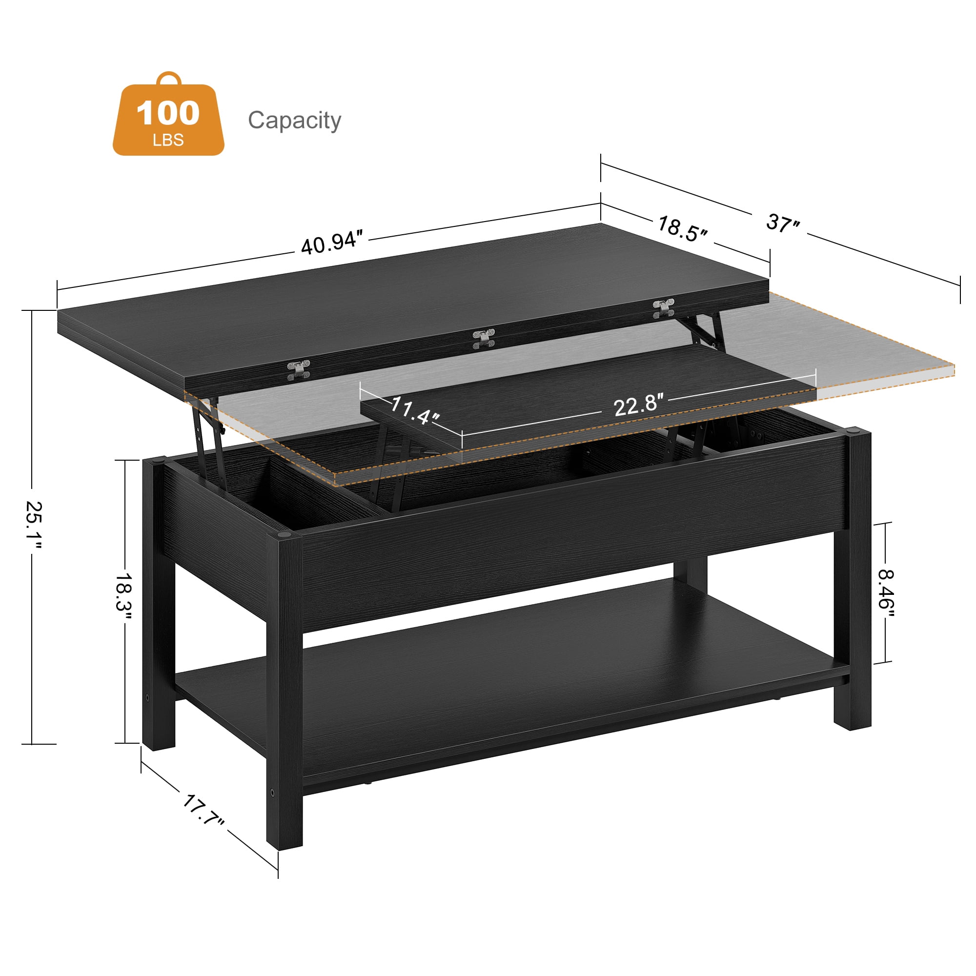 GUNAITO 40.9"Lift Top Coffee Table,4 in 1 Multi-Function Convertible Coffee Table with Hidden Storage Modern Framhouse Coffee Table for Living Room Black