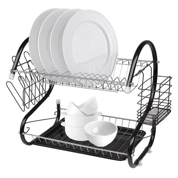 2 Tier Dish Drainer Drip Tray Dinner Plates Cups Holder Cutlery Dish Rack Black 
