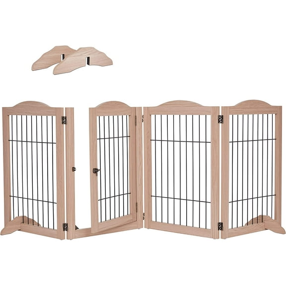 Dog Gate with Walk Through Door, 4 Panel 360° configurable Freestanding Wooden Wire Fence, 80" Wide, 31.5" Tall, Foldable, Support Feet Included, for The House - Indoor Use