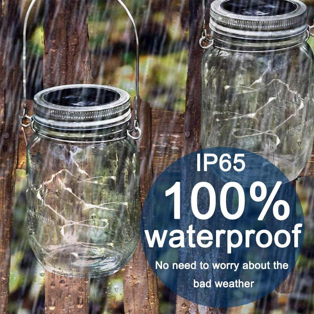 Puseky Mason Jar Solar String Lights Lid, Upgraded Antirust Waterproof 6 Pack 20 LED Jar Lid String Lights Set with 6 Hangers, Perfect for Patio Garden Wedding, Easter Decoration, White