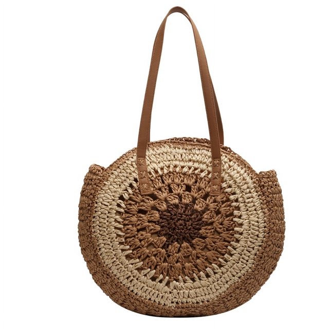 GEEK - Nuevo bolso de playa redondo de paja para mujer, bolso de hombro tejido grande vintage, bolso de rafia circular de ratán, bolso bohemio para vacaciones de verano