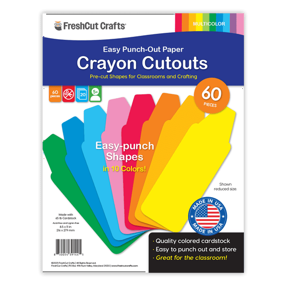 FreshCut Crafts Punch Out Paper Cutouts, Crayon Shapes, Multicolor, 60 Pieces