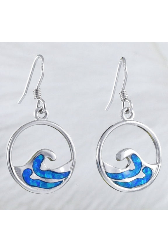 Unique Beautiful Hawaiian Blue Opal Ocean Wave Earring, Sterling Silver Blue Opal Wave Dangle Earring, E8414 Valentine Birthday Mom Gift