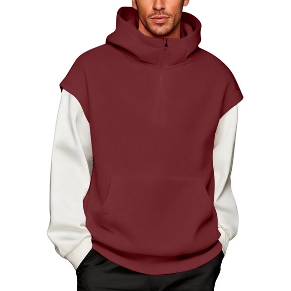 USNSM Hoodies Men Oversized Faux Two Piece Quarter Zip Hoodie Spliced Long Sleeve Color Block Pullover Top with Pockets Red S
