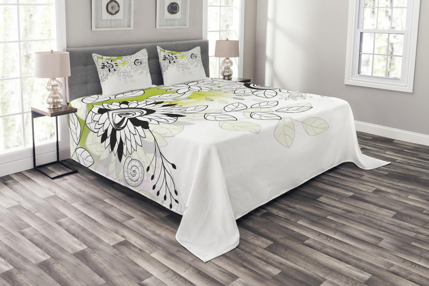 Details about   Leaves Quilted Bedspread & Pillow Shams Set Monochrome Floral Rustic Print 
