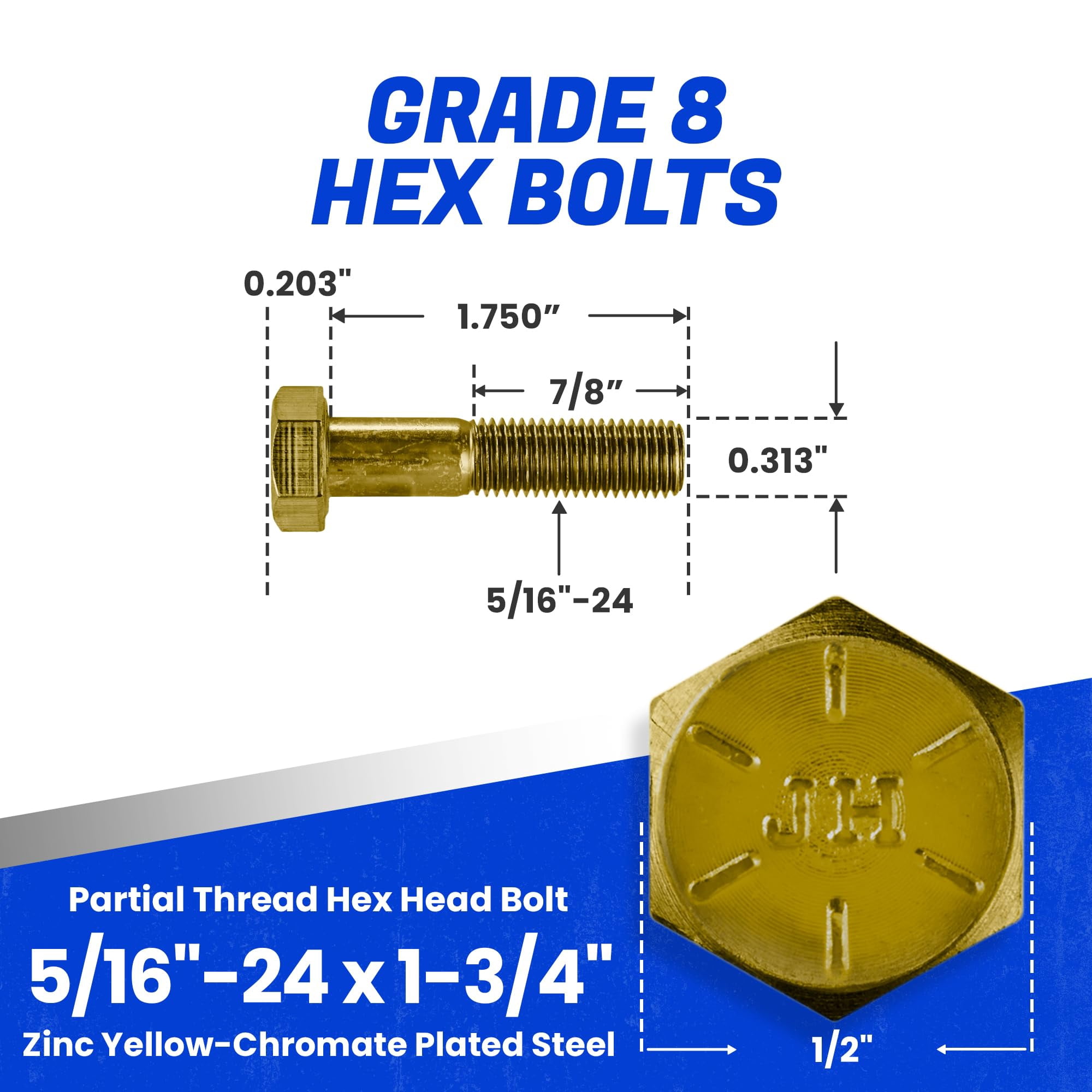 Fastenere 5/16"-24 x 1-3/4" Hex Bolts Grade 8 Zinc Yellow-Chromate Plated Steel, Partial Threaded Durable Hex Bolts for Machinery & Construction, Rust-Resistant, Heavy-Duty Fasteners, Pack of 25