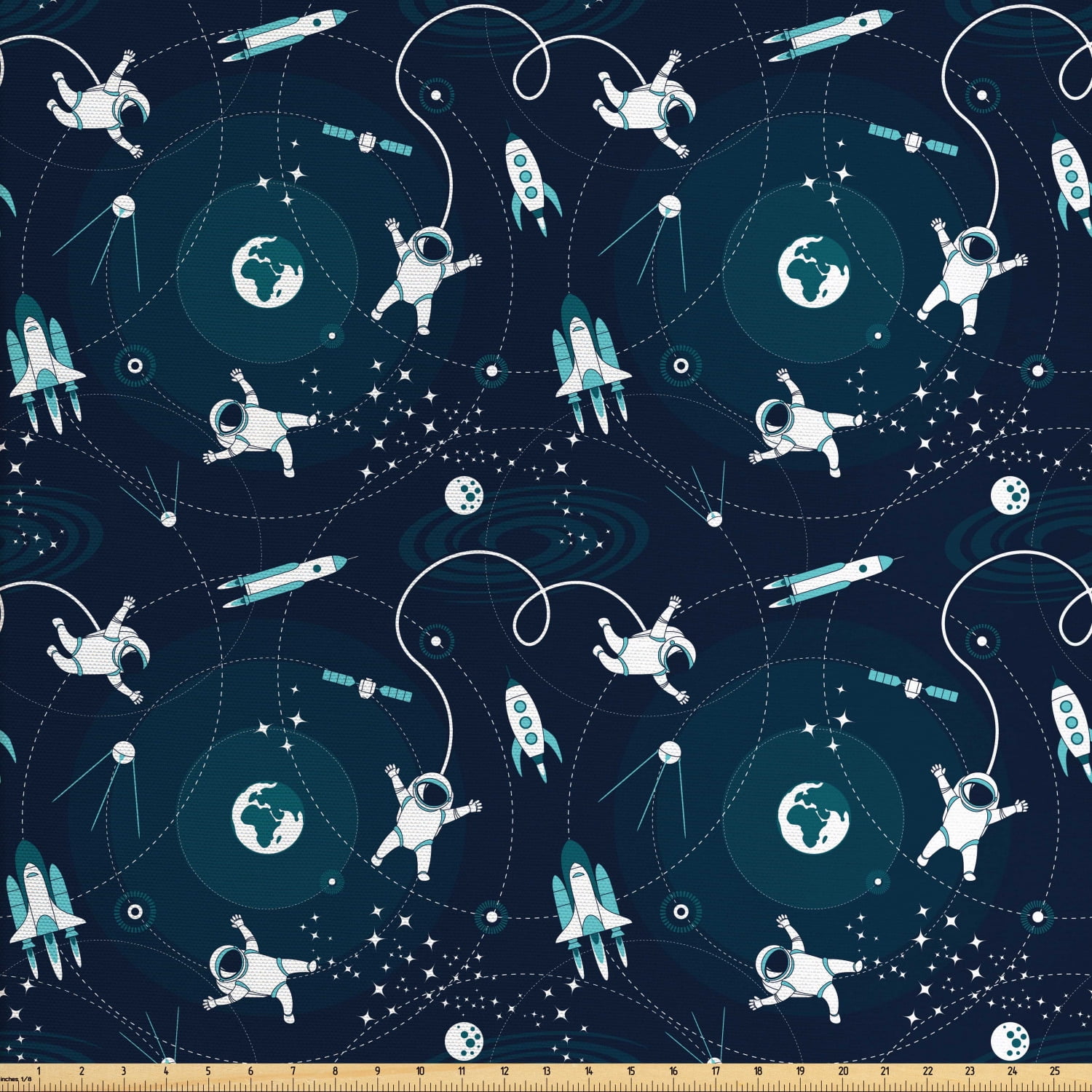 Space Fabric by The Yard, World's Orbit with Spaceships Astronauts